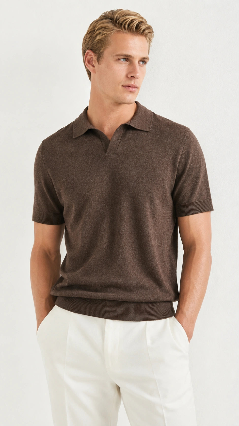 Polo in maglia merino cammello